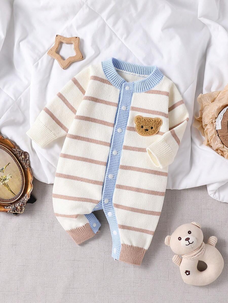 SHEIN Vintaside Kids Baby Boy Cute Fashionable Versatile Colorblock Striped Knitted Jumpsuit Baby Unisex Clothes Unisex Baby Clothes Newborn Newborn Baby Clothes Unisex Newborn Baby Clothing Baby Unisex Clothes Newborn