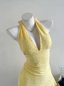 Elamini Women's Summer Casual Everyday Solid Color Knitted Fabric Double Layer Ruffle Halter Tie Bow Mini Dress