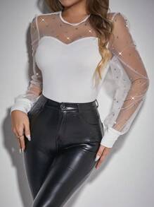 SHEIN PETITE Fashionable Mesh Splice Crystal Sexy Bodysuit - White - View 3