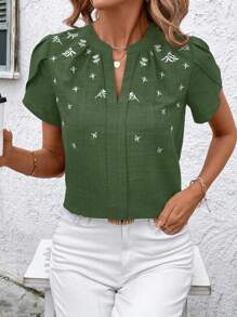 SHEIN Clasi Women's Casual Green Polyester Blouse With Notched Neckline, Short Puff Sleeves, And Delicate Floral Embroidery Detail - Green - View 3