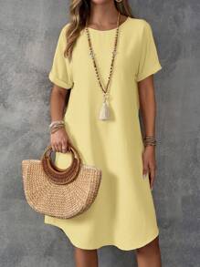 EMERY ROSE Váy ngắn tay màu trơn cho nữ, thời trang cho mùa hè - Màu vàng - Xem 4