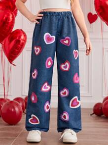 Tween Girl' Pink Heart & Blue Denim Effect Straight Leg Pants - Multicolor - View 4