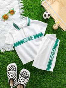 SHEIN Bộ 2 món/Bộ quần áo thun polo dệt kim rộng rãi, phong cách thể thao thường ngày cho bé trai và bé gái, phù hợp cho mùa xuân và mùa hè, đồ mặc ở nhà và đồ mặc ngoài - trắng - Xem 6