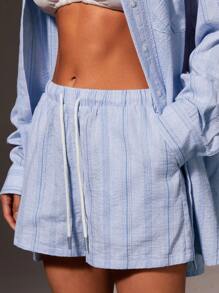 Athîral 女士条纹长袖纽扣衬衫和短裤两件套休闲套装 - 藍白色 - 查看 6