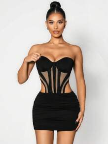 Sirith 春季性感女士镂空拼接钢圈文胸罩杯鱼骨褶皱迷你连衣裙 - 黑色 - 查看 1