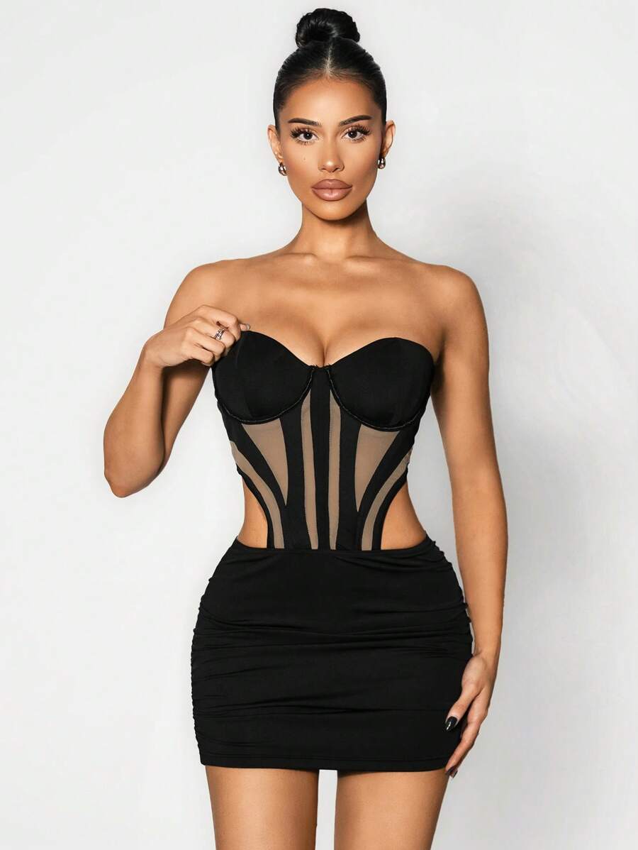 Sirith 春季性感女士镂空拼接钢圈文胸罩杯鱼骨褶皱迷你连衣裙 - 黑色 - 查看 1