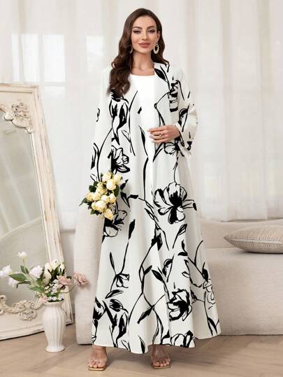 Al Najma Abito arabo lungo elegante da donna con maniche lunghe e stampa floreale, veste modesta