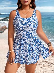 Swim Lushoire 2pcs Plus Size Women Printed Tankini Set With Flounced Bottom Bottoms, Sleeveless Tie Back Beach Dress - Multicolor - View 3