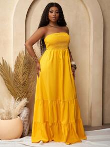 Slaydiva Đầm dự tiệc màu trơn hở lưng nhún bèo cỡ lớn cho nữ - gừng - Xem 3