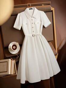 Franclia Plus Size Pearl Button Waist Tie Solid Color Dress, Fashionable For Summer - White - View 1