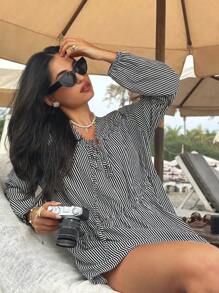SHEIN Swim 女士黑白条纹褶皱长袖海滩罩衫，夏季 - 黑與白 - 查看 1
