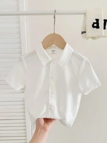 Young Boys Casual Minimalist Letter Print Loose Comfortable Daily Wear Short Sleeve Shirt, Suitable For Spring/Summer - Multicolor - View 2