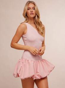 WESTFADE Western Mixed Media Rib Knit & Poplin One Shoulder Asymmetrical Puff Bubble Hem Mini Dress Spring Summer Beach Vacation - Pink - View 4
