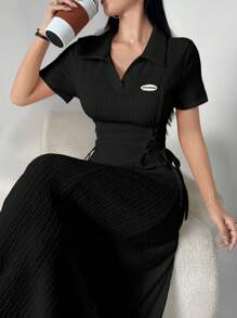 Aidyla 女士字母印花翻领袖侧腰系带中长款休闲连衣裙长款女士装长款晚礼服 - 黑色 - 查看 7