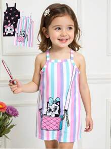 2 件套女孩夏季休闲甜美印花无袖修身腰连衣裙，适合居家和户外穿着 - 彩色 - 查看 1