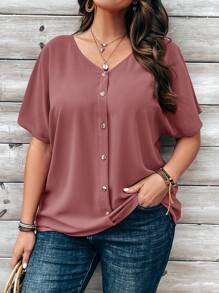 EMERY ROSE Plus Size Women's Orange Button Embellished Short Sleeve Shirt For Spring - Red Violet - View 1