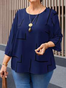 EMERY ROSE Camicia casual a maniche 3/4 con scollo rotondo, stampa linea old money, per abbigliamento da donna elegante casual in taglie comode per la primavera