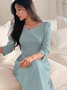 DAZY 女式圆领收腰中长袖连衣裙 - 藍色 - 查看 2