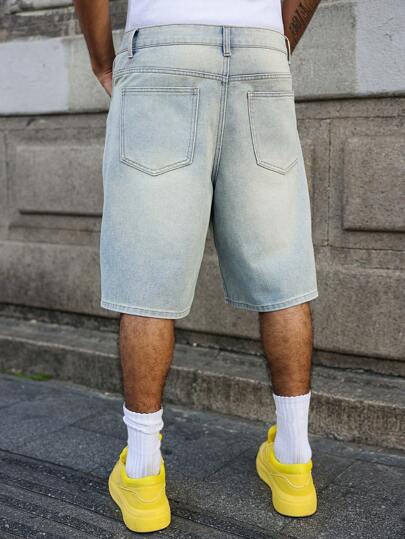 Manfinity EMRG Men's Faded Light Blue Washed Loose Fit Vintage Casual Denim Shorts Jorts Going Out Hang Out Commute College Street