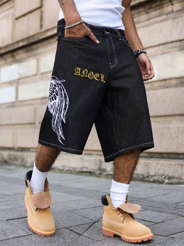 Manfinity EMRG Herren dunkle schwarze verwaschen Gothik bestickte locker sitzende Streetstyle Shorts