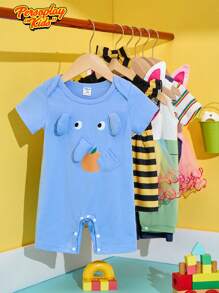 SHEIN 男婴休闲可爱卡通大象耳朵和鼻子图案连体衣柔软针织短袖连体衣，适合 0-18 个月新生儿、日常穿着、室内/户外活动、角色扮演 - 藍色 - 查看 4