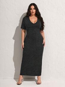 SHEIN SXY Robe élégante ajustée à col en V et manches courtes pour femmes grandes tailles