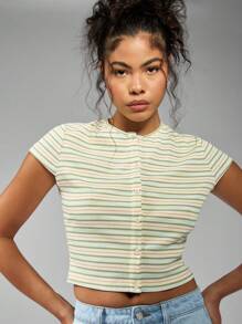 MISSGUIDED Y2K复古条纹纽扣前裁剪上衣罗纹婴儿T恤夏季春季休闲基本款合身短袖T恤节日日常必备