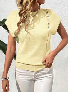 EMERY ROSE Women's Minimalist Button Decor Round Neck Batwing Sleeve Knit Top, Summer - Butter Yellow - View 4