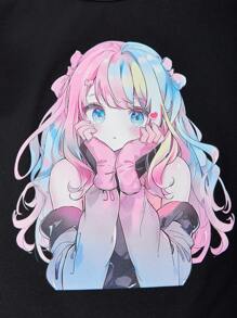 SHEIN Explorewe 2pcs/Set Spring/Summer Tween Girls " Me" Anime Print Cap Sleeve T-Shirt And Ombre Pleated Skirt, Suitable For Daily, Commute, Casual, Gathering With Friends - Black - View 5