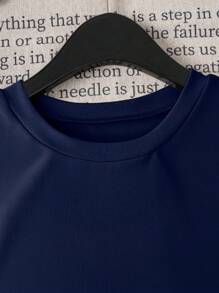 SHEIN LUNE Women's Casual Loose Round Neck T-Shirt With Pearl Decoration On Cuffs - Navy Blue - View 5