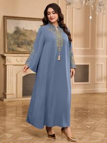 Al Najma Plus Size Women Elegant Embroidered Arabic Dress, Modest - Dusty Blue - View 5