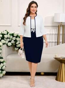 Reflora 2 件大码女士撞色蕾丝优雅连衣裙和夹克套装，通勤风格 - 彩色 - 查看 5