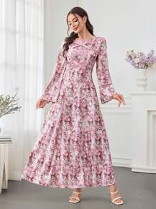 Al Najma 数码印花交叉带长袖阿拉伯风格女式连衣裙，端庄大方