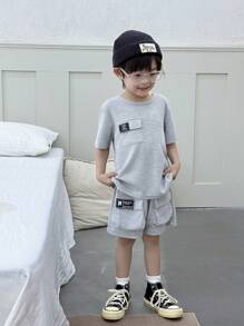 SHEIN 2pcs/Set Young Boy Casual Daily/Vacation T-Shirt + Shorts Outfit, Suitable For Daily, School, Outings, Outdoor Play, Summer Season - Grey - View 5