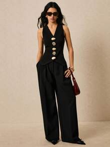 Poéselle Women's Solid V-Neck Metal Button Top, Suitable For Summer - Black - View 3