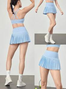 GLOWMODE Jupe plissée 2.0 à contrôle du ventre, avec shorts intégrés, poches latérales, grips anti-glisse. Pour le tennis, le golf, le pickleball et le port quotidien. Séchage rapide, 7,62 cm - Bleu ciel - Voir 8
