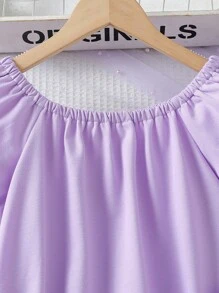 Girls Knit Sweatsuit Set,Purple,Summer,Casual,School Soft Stretchy Fabric Square Neckline Puff Sleeves Top & Pants Everyday Outfit - Purple - View 3