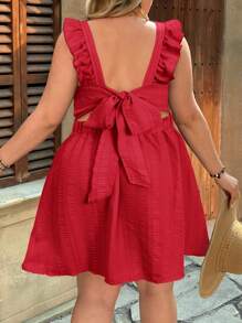 SHEIN VCAY Plus Size Women Solid Color Tie Back Casual Vacation Dress - Red - View 2