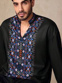 GENTILAND Men's Casual Woven Stand Collar V-Neck Floral Print Long Sleeve Shirt