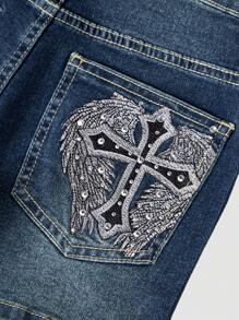 Shorts di jeans alla moda e unici, stile da strada, adatti per ragazze adolescenti con decorazione di ali d'angelo e croce ricamata, strass, vita elastica e chiusura con cerniera