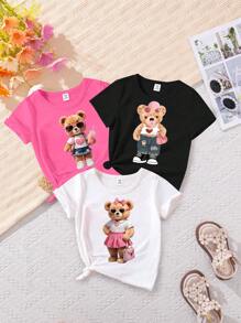 SHEIN GraphicGems Baby Girl Bear Print Round Neck Short Sleeve Top