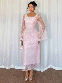 Chiquease Elegant Pink Lace Long Sleeve Lady Dress - Pink - View 3