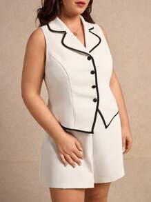 Elaquor Plus Size Commuting Contrast Trim Vest & Shorts 2 Pieces Set