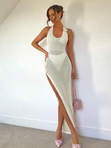 Roylia Summer Sexy Solid Color Hollow Out Backless Halter Neck Knit Dress - White - View 5