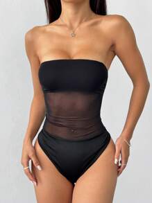 SHEIN EZwear Women's Solid Color Mesh Splice Bodysuit, Sexy Sleeveless Form-Fitting