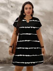 SHEIN LUNE Plus Size Striped & Color Block Print Casual Loose Short Sleeve Dress, Summer - Black - View 5