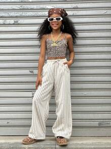 Coolane Kids Tween Girls Spring/Summer Streetwear Striped Textured White Baggy Pants,Tropical Vacation ,Spring Break Outfits,Back To School - Multicolor - View 3