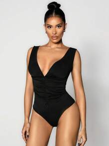 Sirith Women's Sexy Solid Color Elegant Deep V Neck Ruched Bodysuit