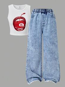 SHEIN Wildeya Spring/Summer 2pcs Set Tween Girls Me Minimalist Casual Dark Cherry Print Tank Top Paired With Denim Pocket Embroidery Wide Leg Pants, Suitable For Daily, Commute, Holiday, Hanging Out With Friends
