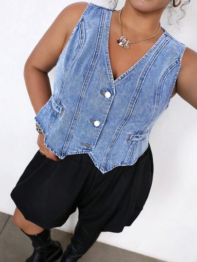 SHEIN ICON 大码牛仔休闲修身无袖背心，蓝色，夏季海滩度假，适合日常约会、夜间外出、夜总会、派对、聚会、泳池派对、节日女士、音乐节、乡村音乐节、音乐会、夏季/可爱夏季上衣、节日/节日、狂欢/音乐会/乡村音乐会/狂欢/狂欢节/纳什维尔/伊比沙岛、优雅、波西米亚风/波西米亚风；母亲节礼物